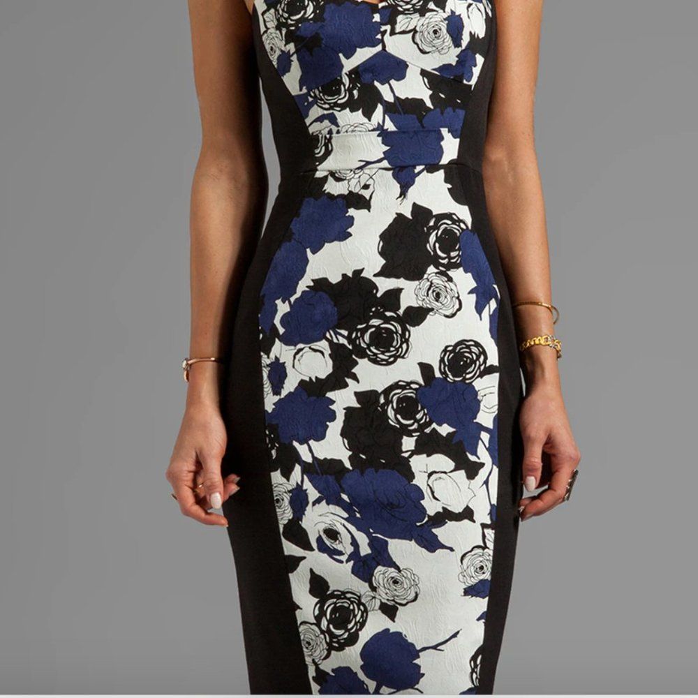 Black Halo Black and Blue Floral Midi Dress